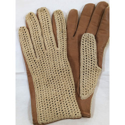 Gants marron en cuir et crochet