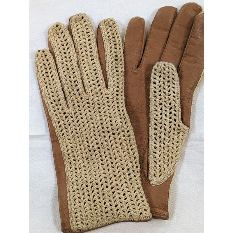 Gants marron en cuir et crochet