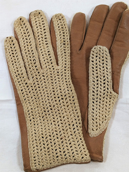 Gants marron en cuir et crochet