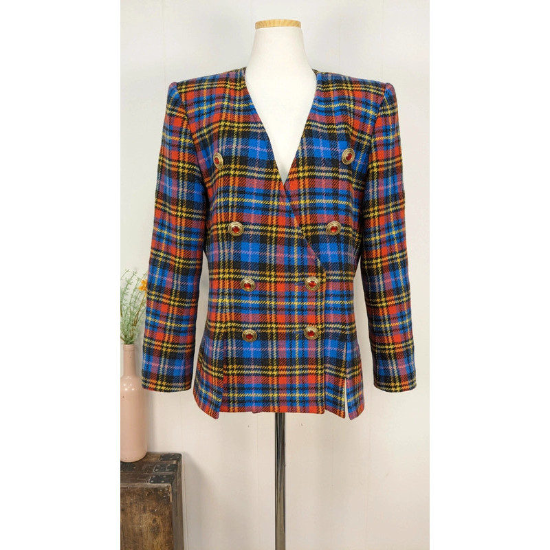 Veste tartan bleu jaune rouge -  Yves Saint Laurent  - T40 friperie second life