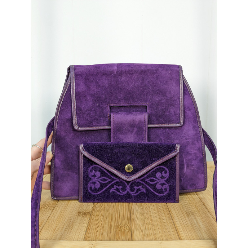 Sac en bandoulière ou épaule, en velours violet vintage friperie second life