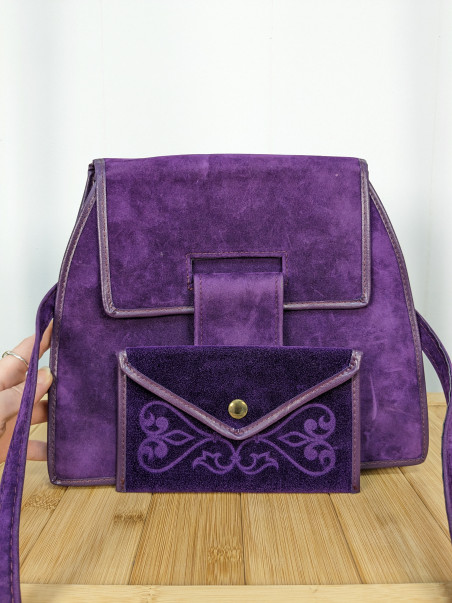 Sac en bandoulière ou épaule, en velours violet vintage friperie second life