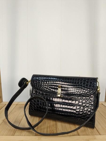 Friperie Second Life Petit sac croco noir bandouliere ou porte epaule