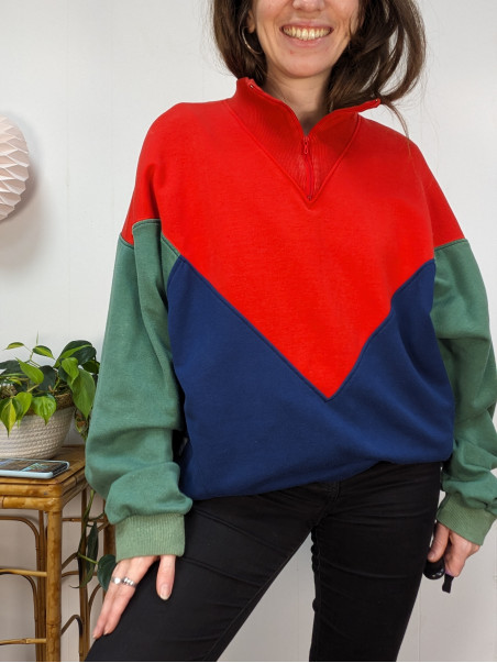 Sweatshirt vintage col camionneur Rouge bleu vert - jean leduc - made in france FRIPERIE SEOCND LIFE