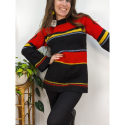 Pull vintage rouge noir et jaune 80% laine 10% mohair friperie second life