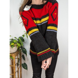 Pull vintage rouge noir et jaune 80% laine 10% mohair friperie second life