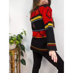 Pull vintage rouge noir et jaune 80% laine 10% mohair friperie second life