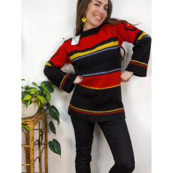 Pull vintage rouge noir et jaune 80% laine 10% mohair friperie second life