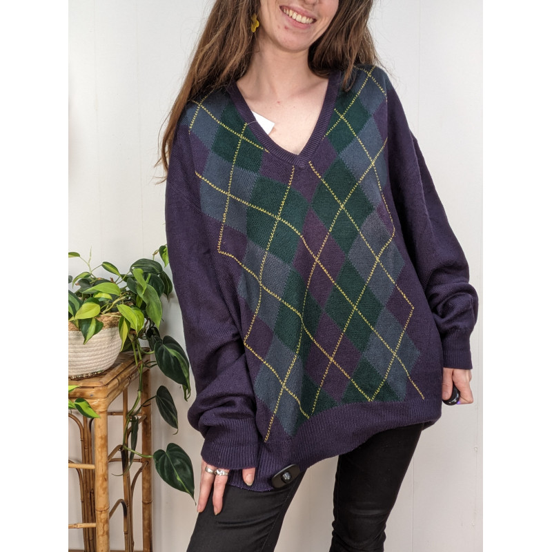 Pull violet à losanges 50% laine T.58