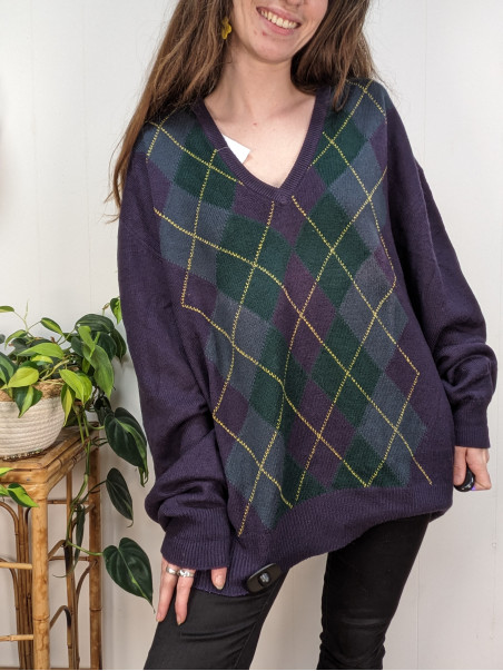 Pull violet à losanges 50% laine T.58