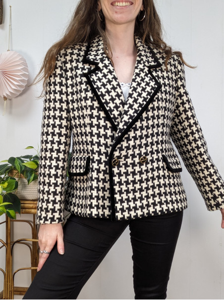 Veste vintage noire et blanche 100% laine - made in france friperie second life