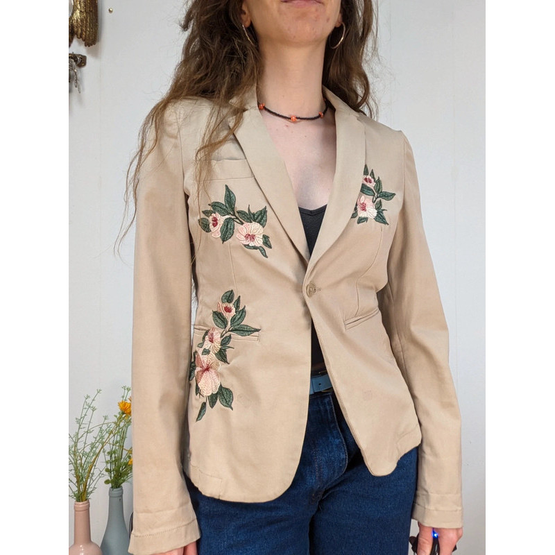 Veste blazer beige - broderies fleuries - liu jo - T.38 friperie second life