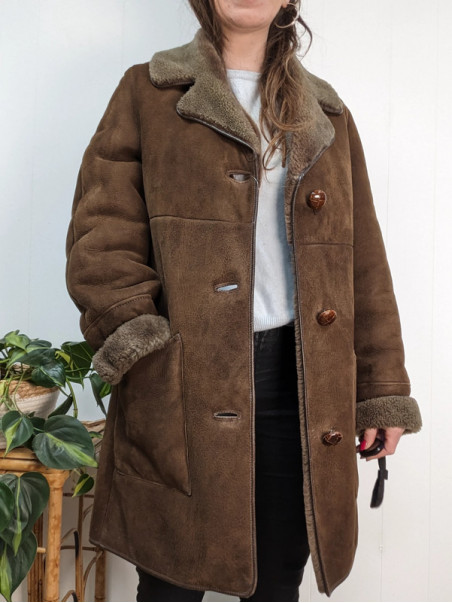 Manteau en peau lainée vintage marron t36